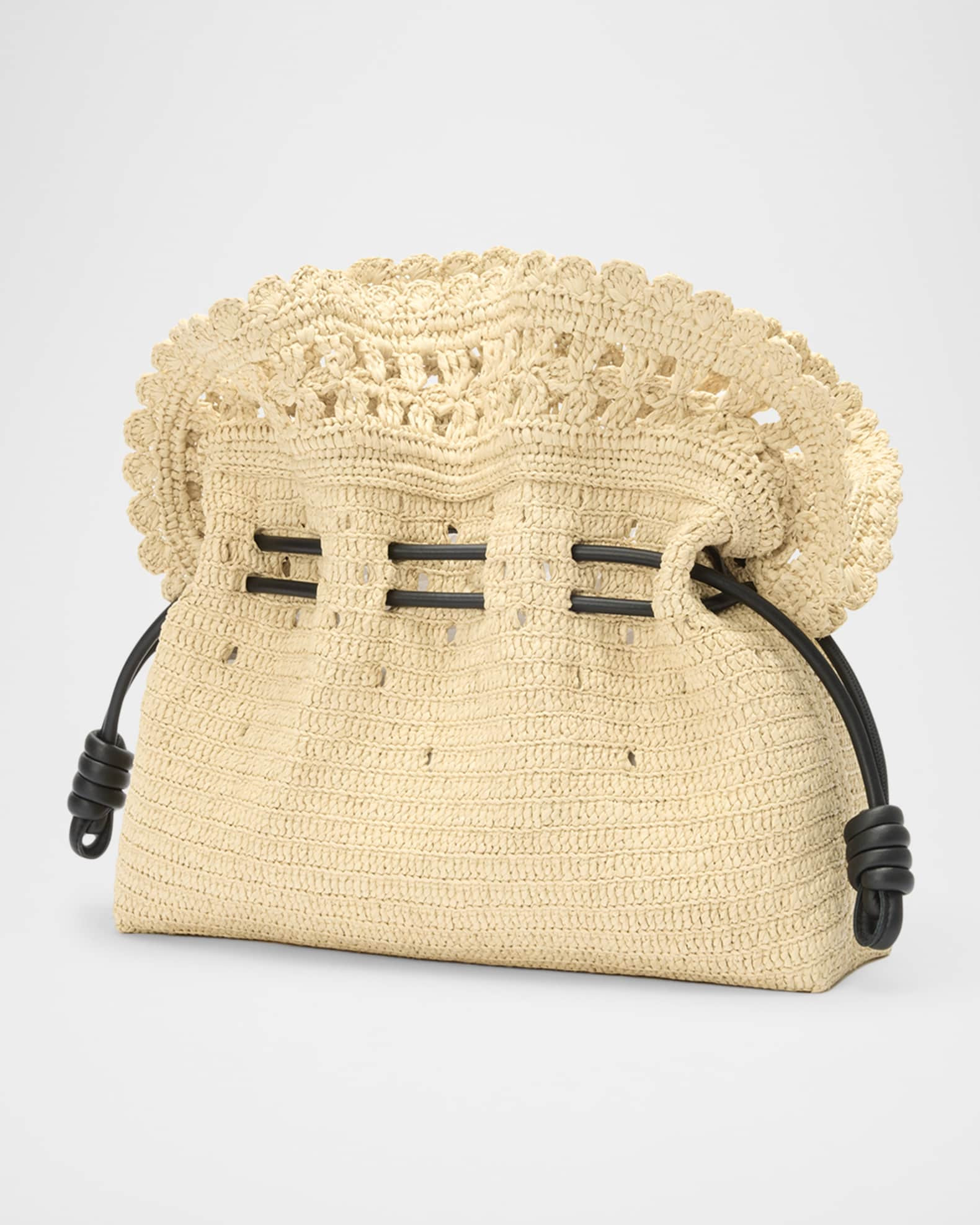 x Paula’s Ibiza Flamenco Medium Ruffled Clutch Bag in Raffia | Neiman Marcus