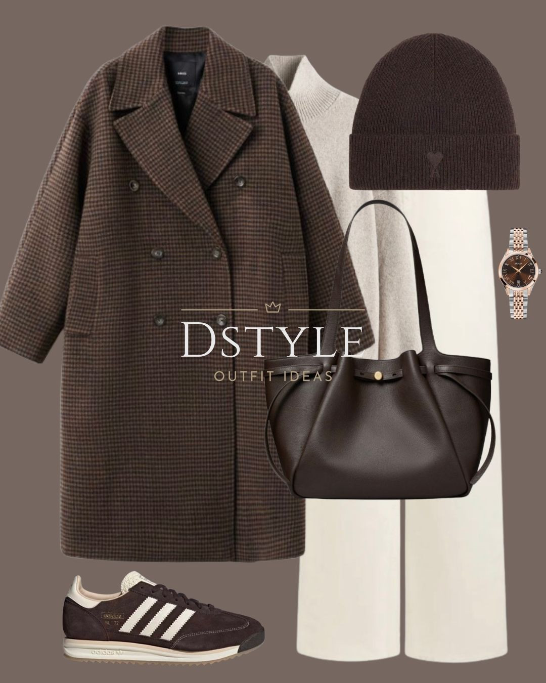 Obsessed with the rich tones of this look! The standout piece is the gorgeous double-breasted houndstooth/plaid wool coat in deep brown, providing a beautiful contrast to the soft ecru wide-leg jeans and cozy mole sweater. Finish the look with a rich brown beanie and matching structured tote. It’s warm, comfortable, and chic—perfect for weekends! 

 #ecrujeans #winteroutfit #houndstooth #plaidcoat #woolcoat #browncoat #moleknit #casualchic #adidassl72 #winterneutrals #LTKootd #LTKSeasonal #LTKWorkwear