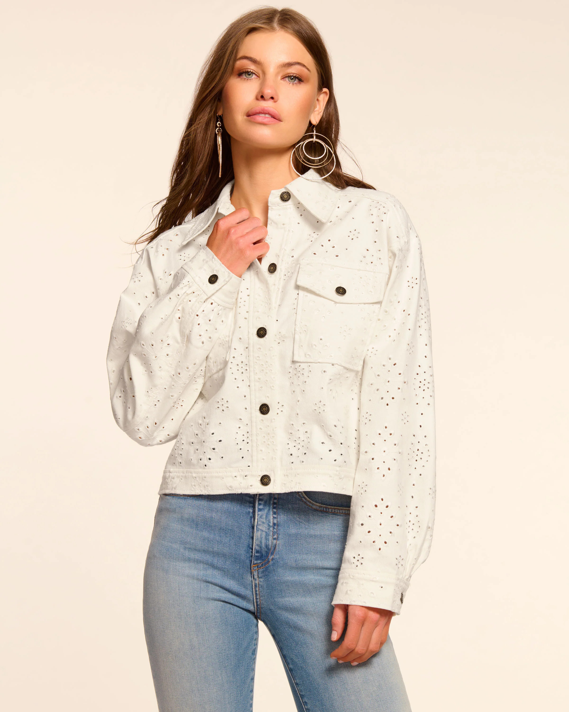 Martha Eyelet Denim Jacket in White Eyelet | Ramy Brook