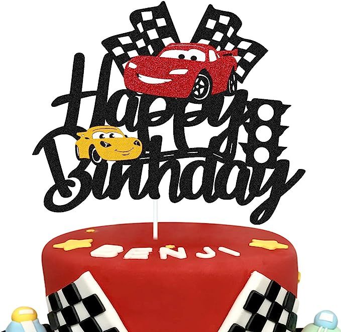 Car Cake Topper Race Car Cake Decorations for Racing Car Checkered Flag Themed Kids Boy Girl Happ... | Amazon (US)