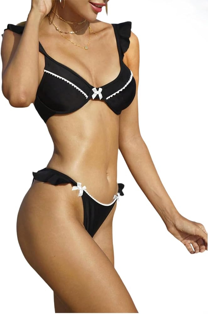 Women's 2 Piece Plain Bikini Set V Neck Ruffle Trim Bow Triangle Set High Cut Bikini Swimsuit Bat... | Amazon (US)