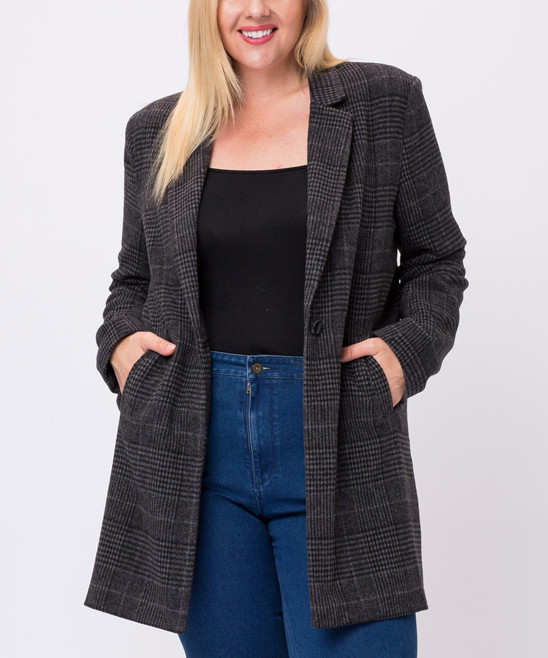 SBS Fashion Women's Blazers D.charcoal - Dark Charcoal Glen Plaid One-Button Long Blazer | Zulily