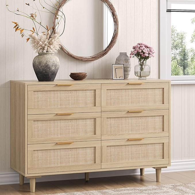 Angel Sar Rattan Dresser for Bedroom, 6 Drawer Wide Dresser, Boho&Farmhouse Chest of Drawers, 43"... | Amazon (US)
