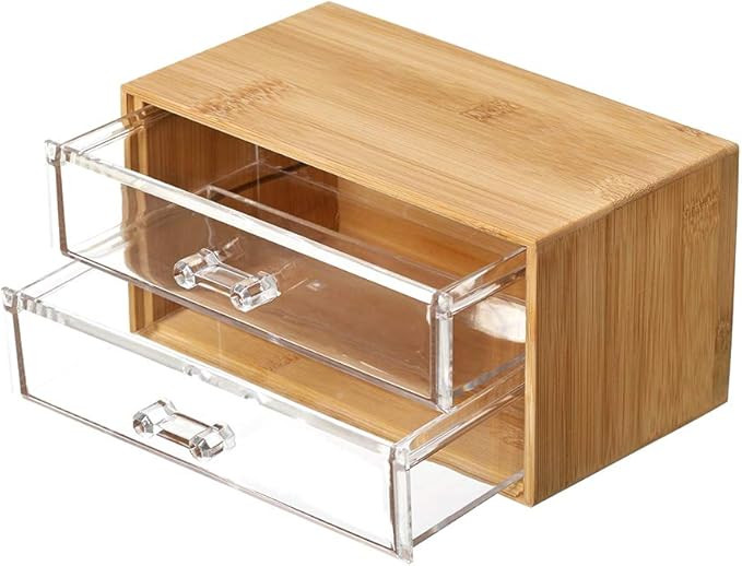 Bamboo Jewelry Organizer Box with 2 Clear Acrylic jewelry Drawer, Velvet Jewelry Tray Holder Insi... | Amazon (US)