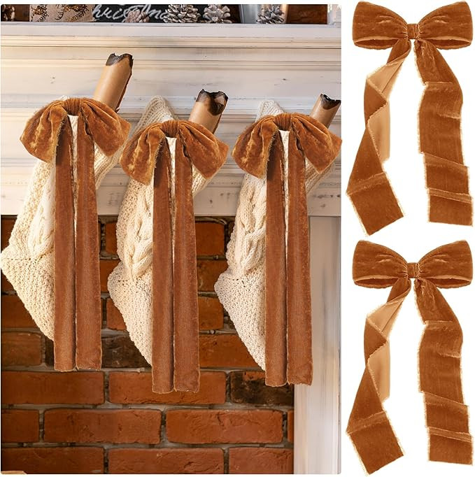 8 Pcs Christmas Velvet Ribbon Bows Large Fringe Holiday Tree Topper Vintage Raw Edge Bows for Chr... | Amazon (US)