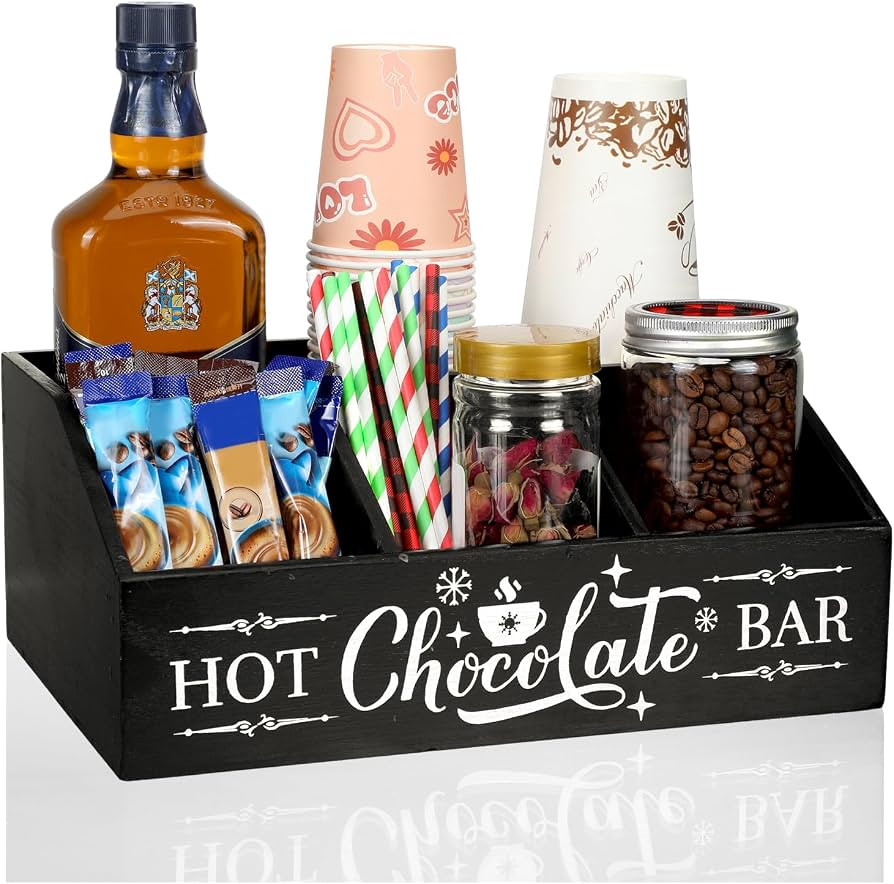 Barydat Hot Cocoa Bar Wood Organizer 4 Compartment Coffee Station,Black | Amazon (US)