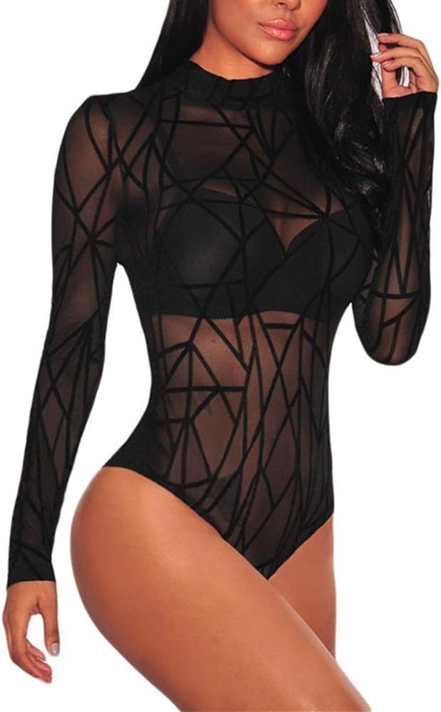 JomeDesign Women Black Sheer Mesh Long Sleeve Jumpsuit Bodysuits Clubwear | Amazon (US)