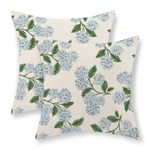 JEFERSO Blue Hydrangea Floral Pillow Covers 20x20 Set of 2 Spring Summer Floral Decorative Pillow Cases Rustic Flowers Decor Throw Pillows Holiday Outdoor Linen Farmhouse Cushion Case for Couch Sofa | Amazon (US)