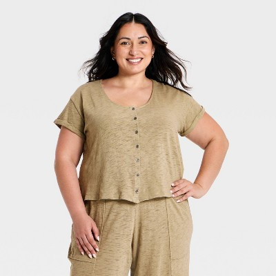 Women's Short Sleeve Button-Front Scoop Neck T-Shirt - Universal Thread™ Green XXL | Target
