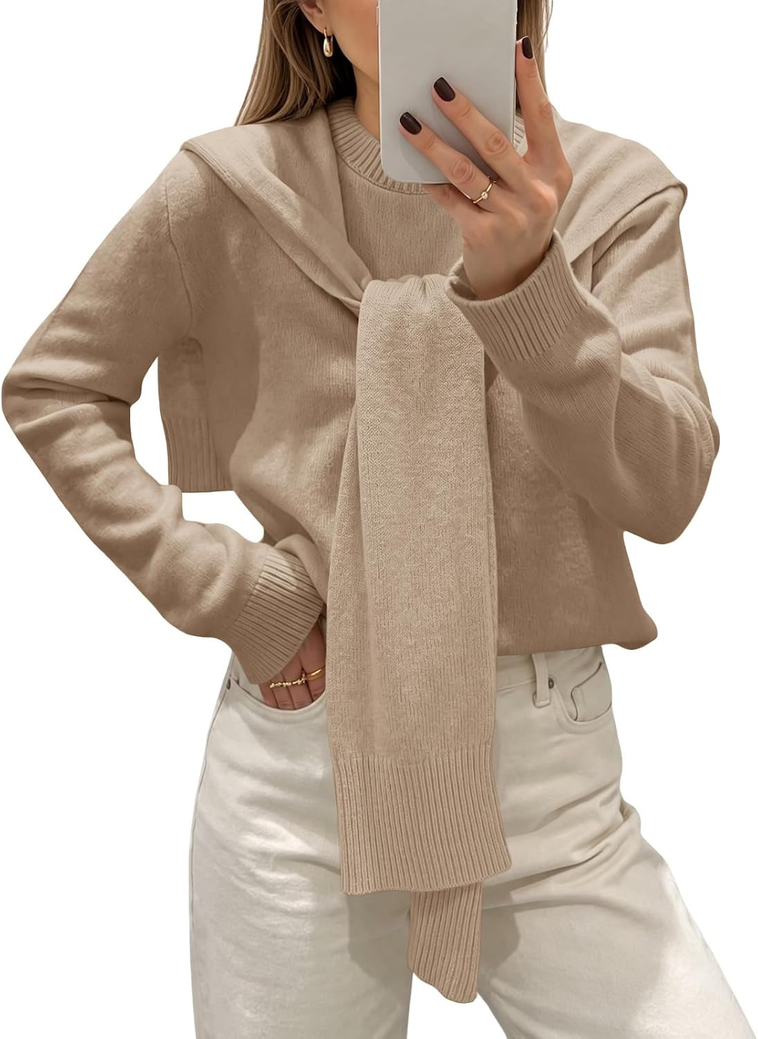 Saodimallsu Womens Crew Neck Pullover Sweaters with Attached Shawl Wraps | Amazon (US)