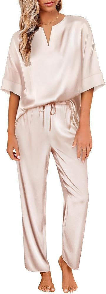 Ekouaer Satin Pajama Set Womens Silk Short Sleeve V Neck Shirt with Long Pant Soft Loungewear Pjs... | Amazon (US)