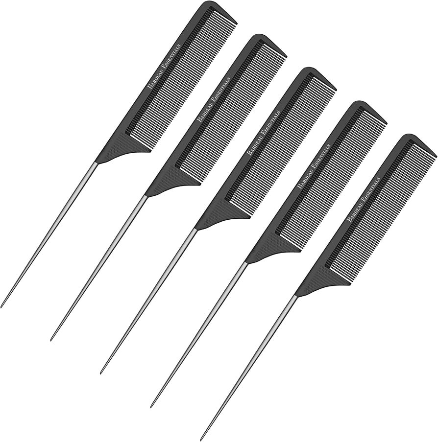 Bardeau Essentials, Professional 8.8 Inch Tail Comb (5 Pack) - Black Carbon Fiber And Stainless Steel Pintail - Chemical And Heat Resistant Teasing Comb - Lightweight Rat Tail Comb For All Hair Types | Amazon (US)