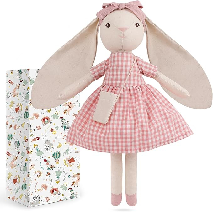 15" Bunny Stuffed Animal for Girls, Plush Toy Doll -Wearing Pink Plaid Dress,Cute Doll Set Dress ... | Amazon (US)