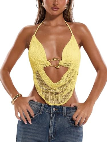 MakeMeChic Women's Y2k Crochet Halter Top Open Back Metal Ring Draped Front Summer Sequin Rave Party Going Out Tops Yellow Large | Amazon (US)