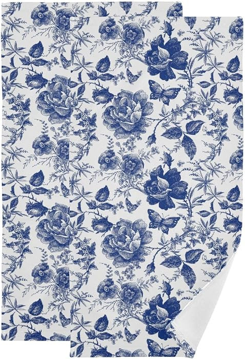 Blue and White Rose Hand Towels for Bathroom Set of 2,Vintage Chinoiserie Roses Floral Butterfly ... | Amazon (US)
