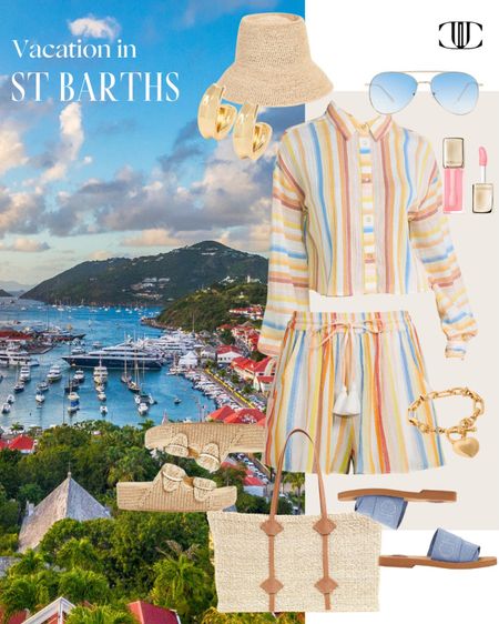 A perfect outfit for a vacation in St Barths. 

Matching set, blouse, shorts, purse, sunglasses, sandals, slides, earrings, travel outfit, travel look, summer look, summer outfit

#LTKtravel #LTKstyletip #LTKover40