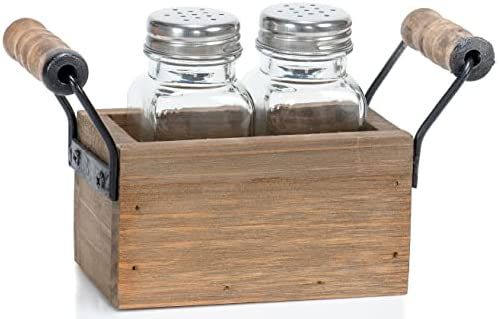 Red Co. Glass Salt & Pepper Shakers in 4” Wooden Carrying Caddy with Handles, Distressed Brown | Amazon (US)