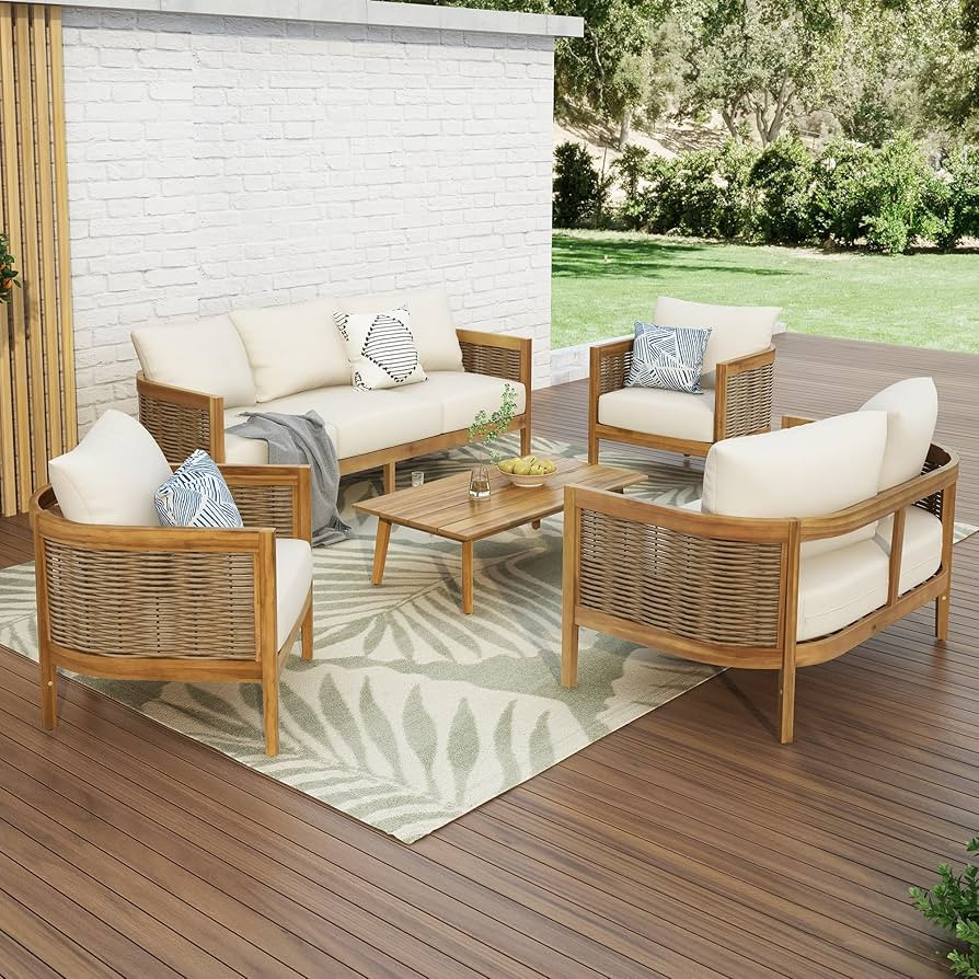 Merax 5-Piece Outdoor Acacia Wood Wicker Conversation Set with 3 Seater Sofa,Loveseat,2 Chairs an... | Amazon (US)