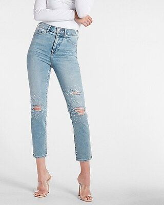 Super High Waisted Light Wash Embellished Ripped Slim Jeans | Express