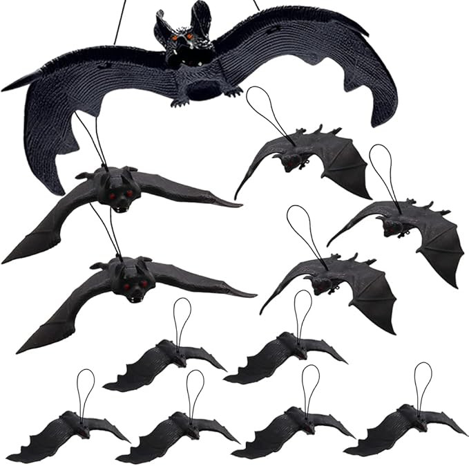 12 PCS Halloween Realistic Hanging Bats,Rubber Hanging Vampire Bats,Scary Black Rubber Bats,Reali... | Amazon (US)