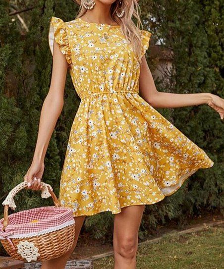 Yellow Floral Flutter-Sleeve A-Line Dress - Women | Zulily