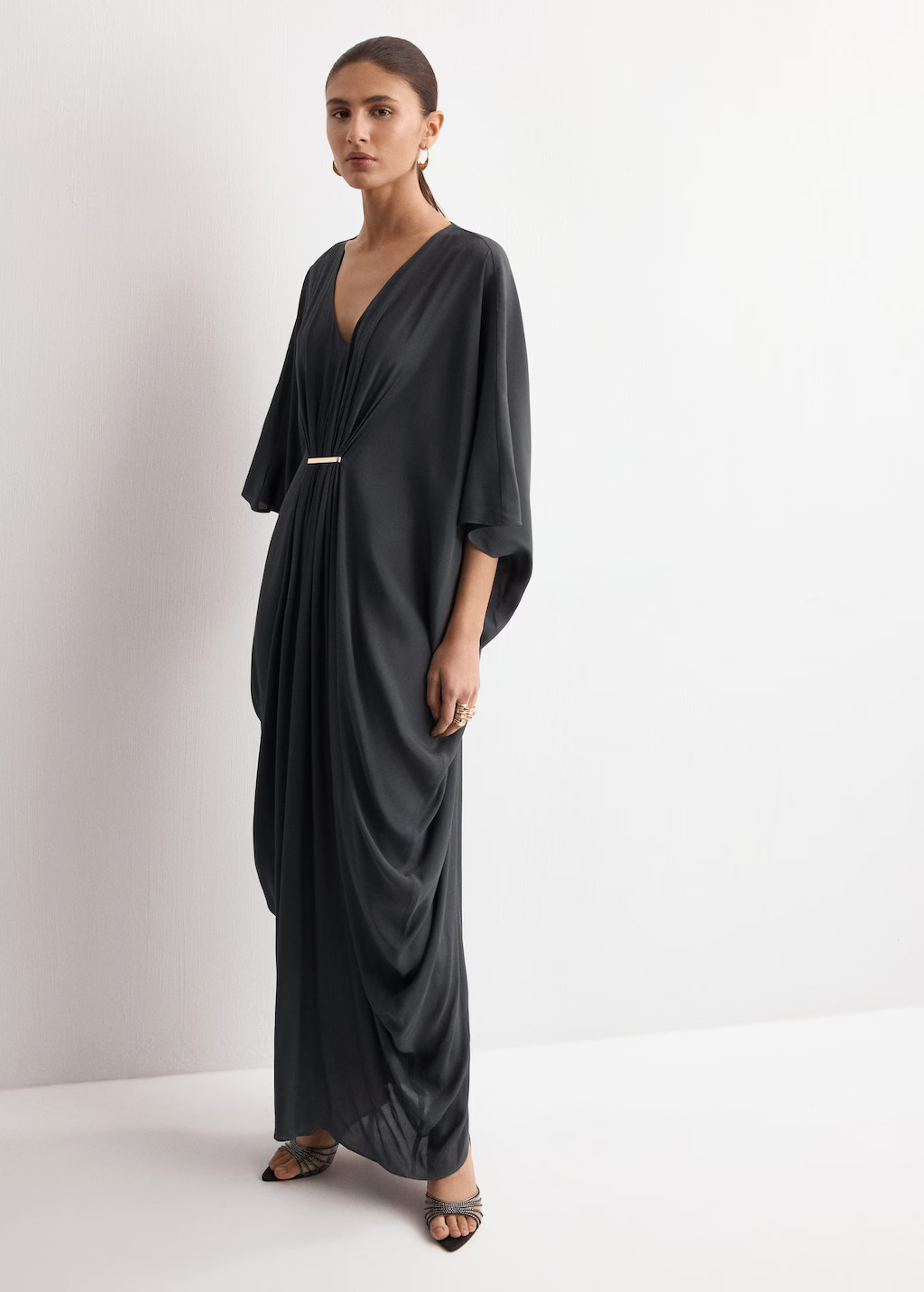 Draped dress with three-quarter sleeves charcoal - Woman - M-L - MANGO | Mango (US/MX/AU)
