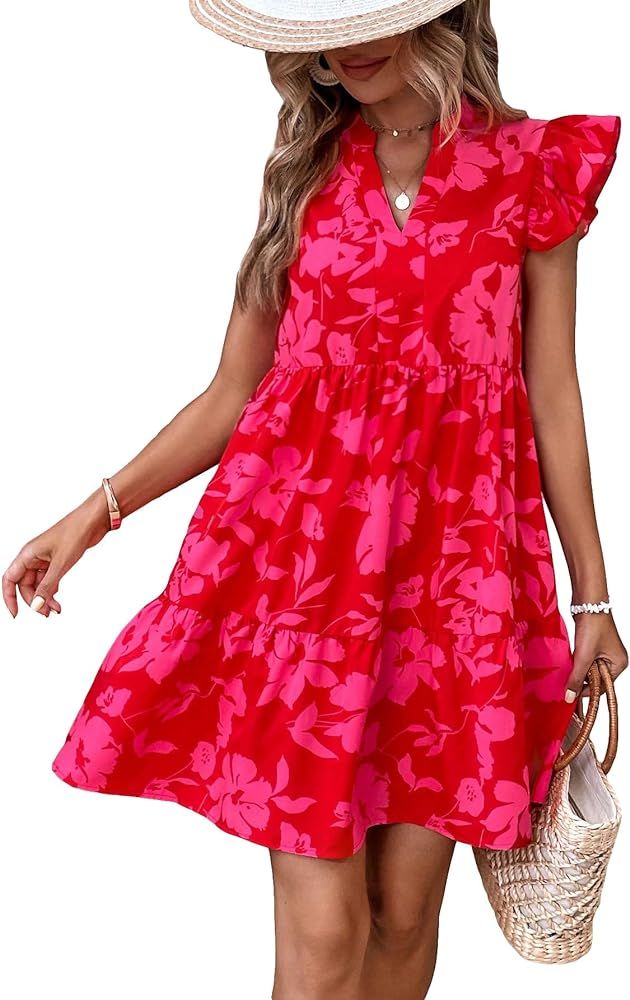 Floerns Women's Solid V Neck Ruffle Trim Cap Sleeve Summer Tunic Dress | Amazon (US)