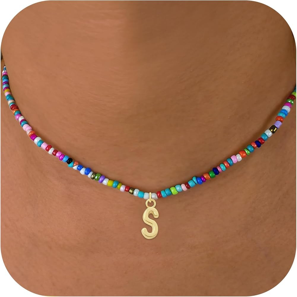 Colorful Beaded Initial Necklaces for Kids Girls, Personized Graduation Birthday Gifts - Choker N... | Amazon (US)