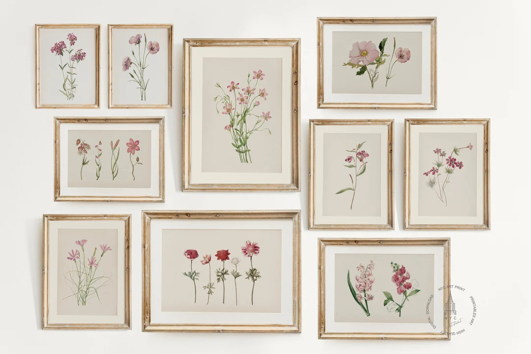 Vintage Botanical Prints Gallery Wall Set of 10, Pink Floral Poster, Botanical Prints, Antique Bo... | Etsy (US)