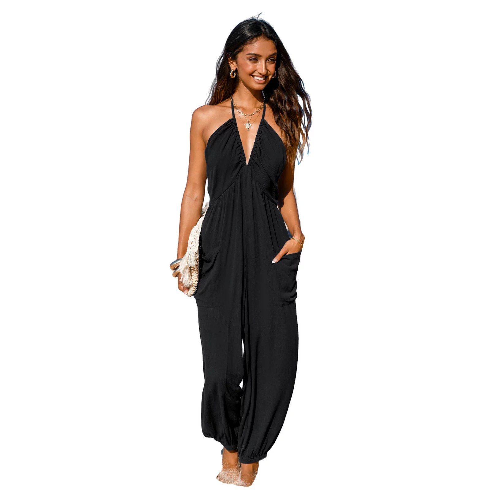 Women's Cupshe Plunge Halter Jogger Jumpsuit, Size: Medium, Black | Kohl's