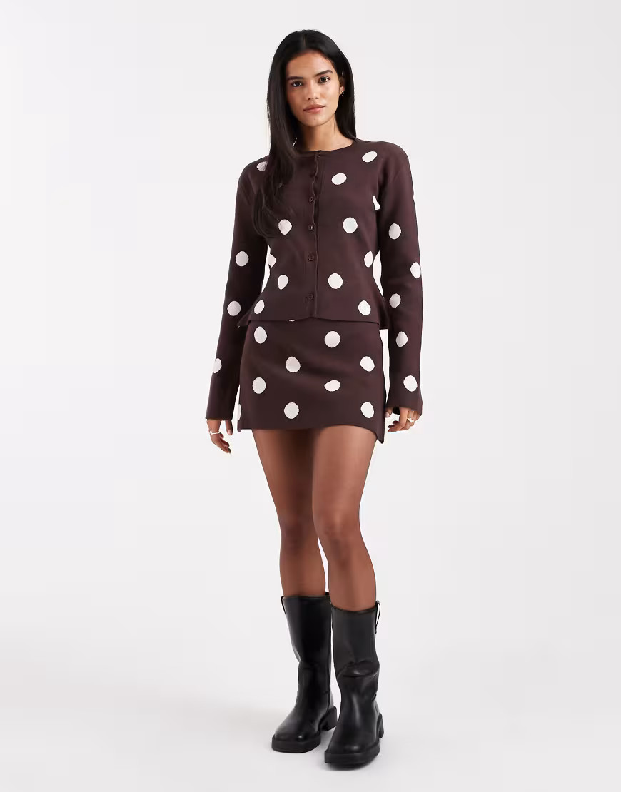 ASOS DESIGN fine knit knitted mini skirt co-ord in brown polka dot | ASOS (Global)