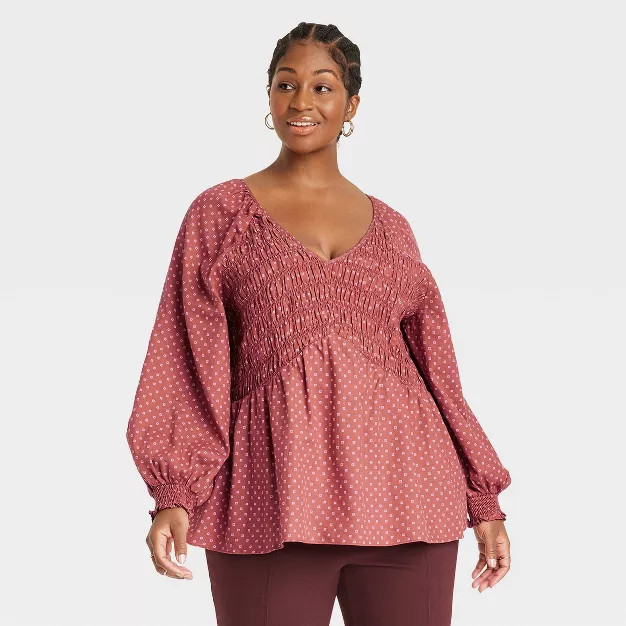 Women's Plus Size Balloon Long Sleeve Smocked Bodice Blouse - Ava & Viv™ | Target