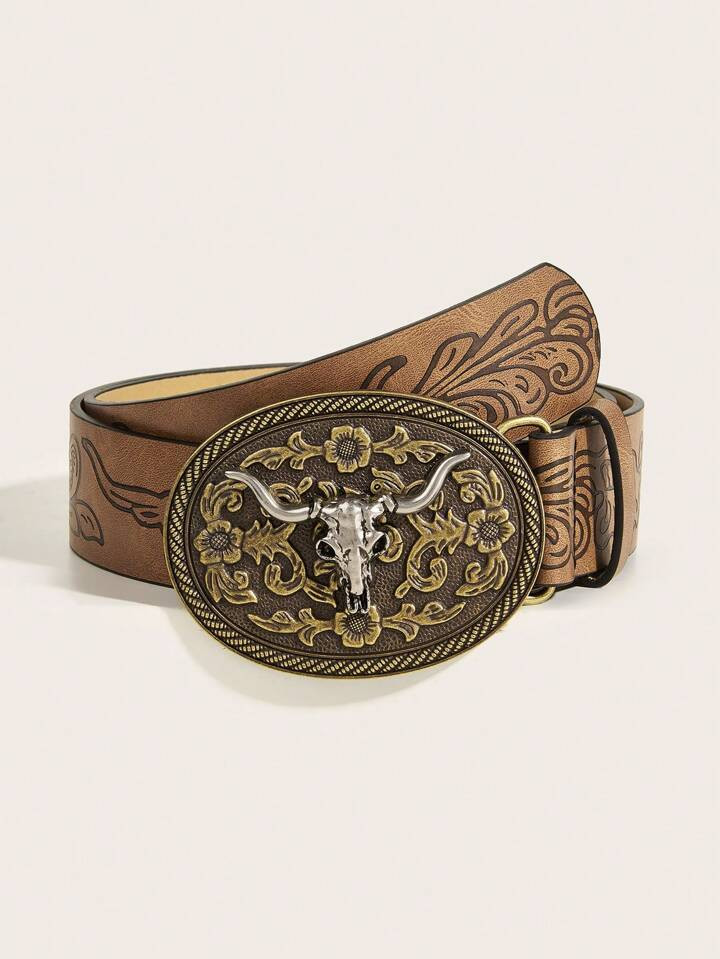 1pc Women's Western Cowgirl Style Vintage Buckle & Embossed Print Belt In Antique Gold Color, For... | SHEIN