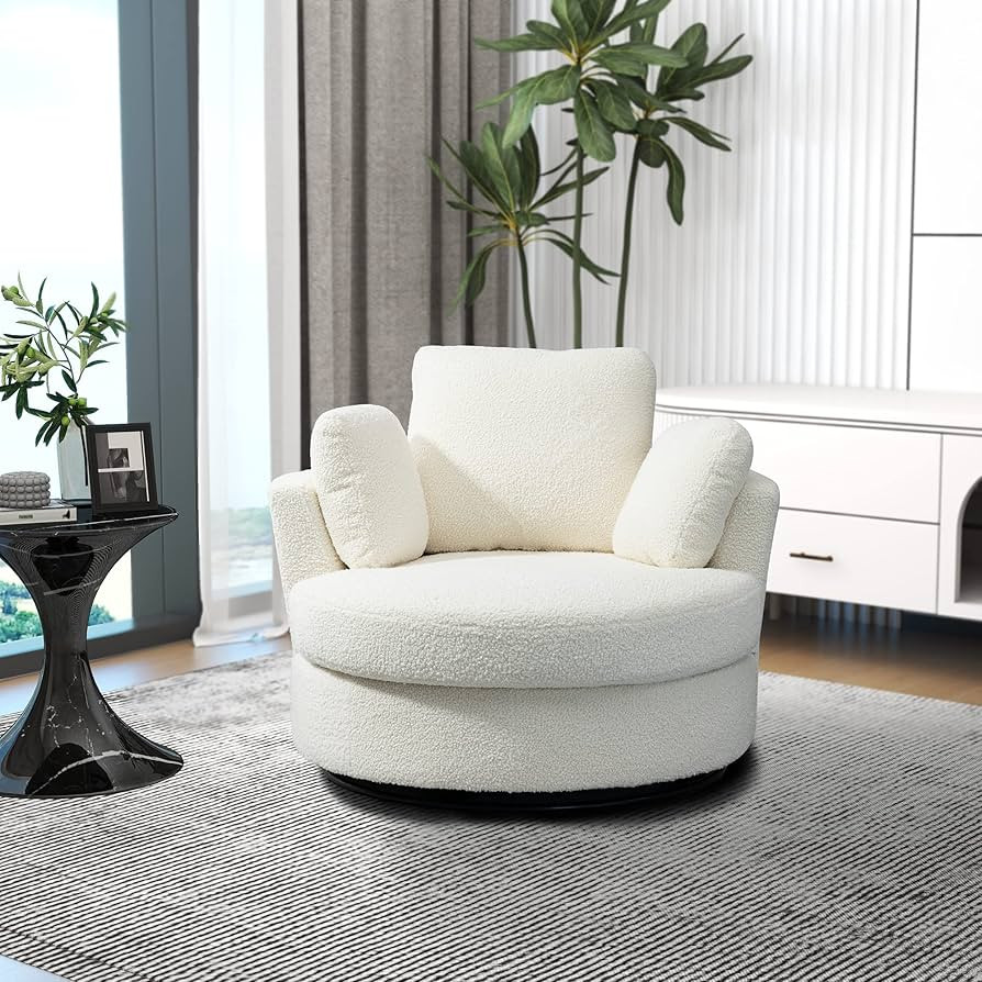 HomSof Accent Barrel Chair and Half 3 Pillows 360 Degree Swivel Round Sofa, Ivory/Boucle | Amazon (US)