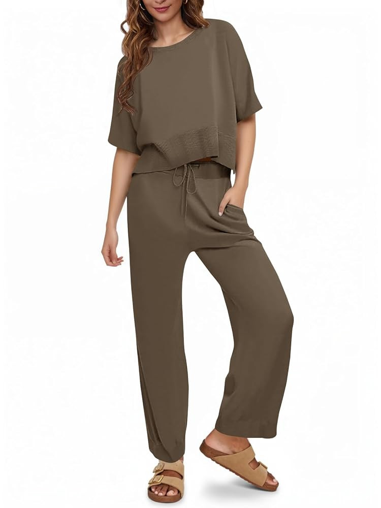 Fisoew Womens 2 Piece Outfits Sweater Sets Knit Split Crop Tops High Waisted Pants Lounge Set | Amazon (US)