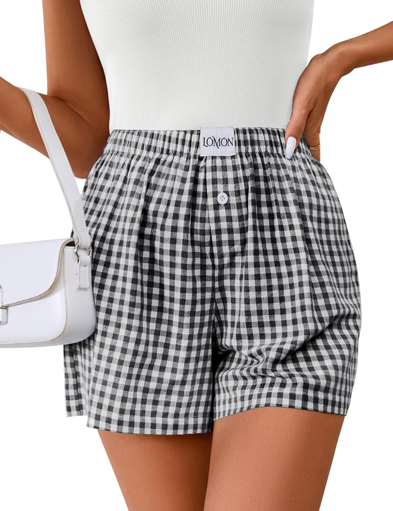 LOMON Womens Boxer Shorts Casual Summer Cotton Pajama Lounge Sleep Pj Gingham Plaid Shorts Y2K Be... | Amazon (US)