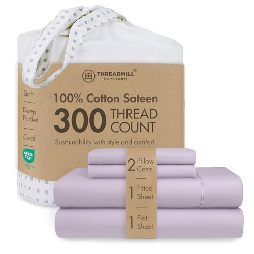 Threadmill 300 Thread Count Cotton Full Sheet Set, Sateen, Solid, Lilac | Amazon (US)