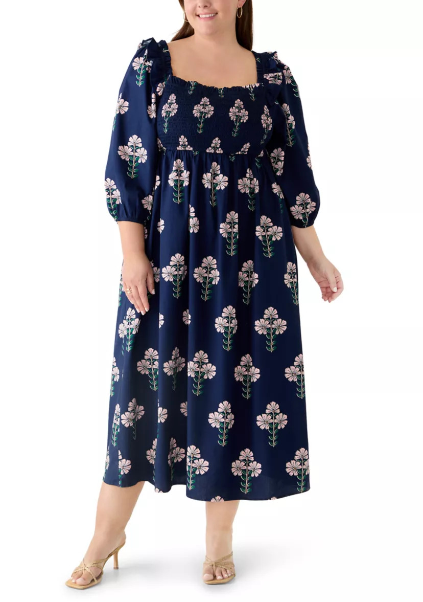 Plus Size Three-Quarter Sleeve Printed Midi Dress | Belk