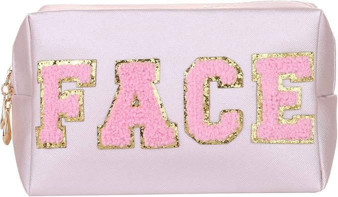 CRUOXIBB Preppy Patch Cosmetic Toiletry Bag for Women Girls SKIN Letters PU Leather Portable Make... | Amazon (US)