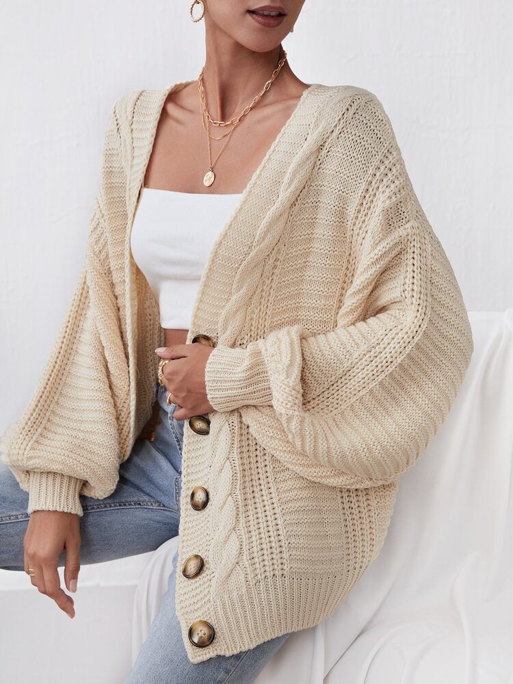 Button Front Bishop Sleeve Cable Knit Cardigan | SHEIN