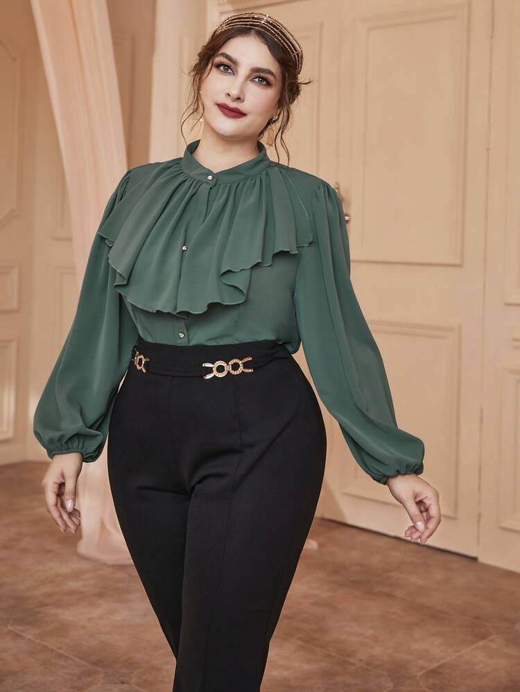 Plus Lantern Sleeve Ruffle Trim Blouse | SHEIN