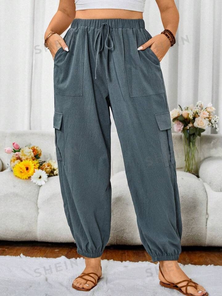 SHEIN VCAY Plus Size Women's Front Tie Utility Jogger Pants | SHEIN USA | SHEIN