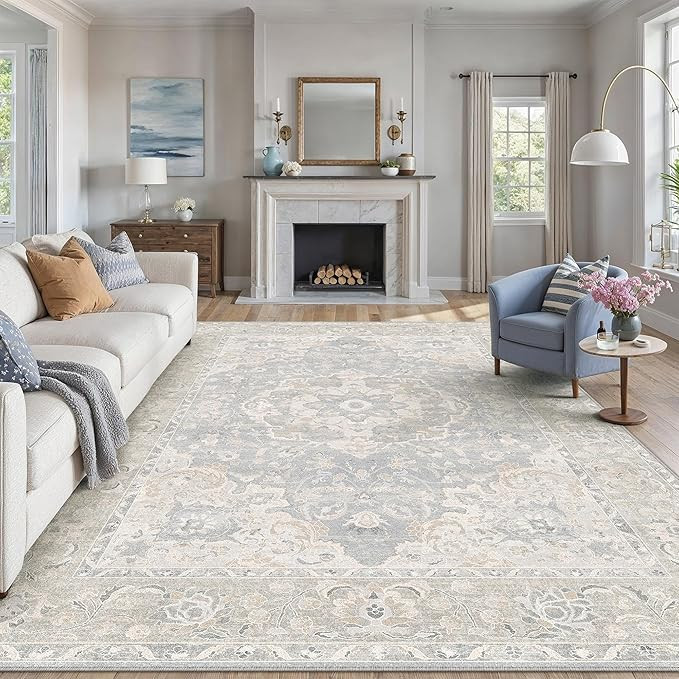 8x10 Blue Cream Washable Area Rug for Living Room Bedroom Neutral Floral Soft Low Pile Lightweigh... | Amazon (US)