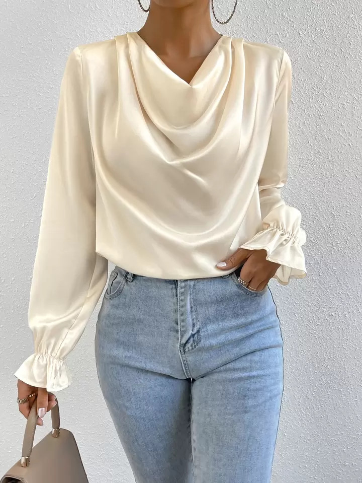 SHEIN Frenchy Draped Collar Flounce Sleeve Blouse | SHEIN