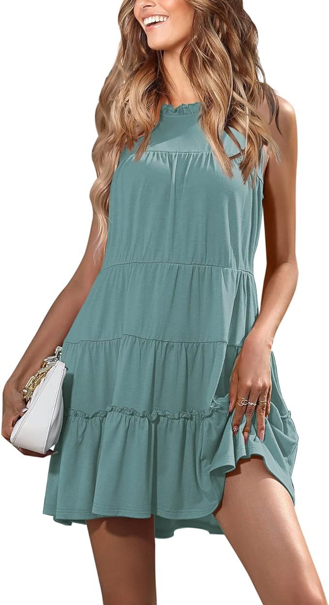 EXLURA Women's Summer Casual Halter Neck Short Mini Flowy Dress Loose Sleeveless Ruffle T-Shirt T... | Amazon (US)