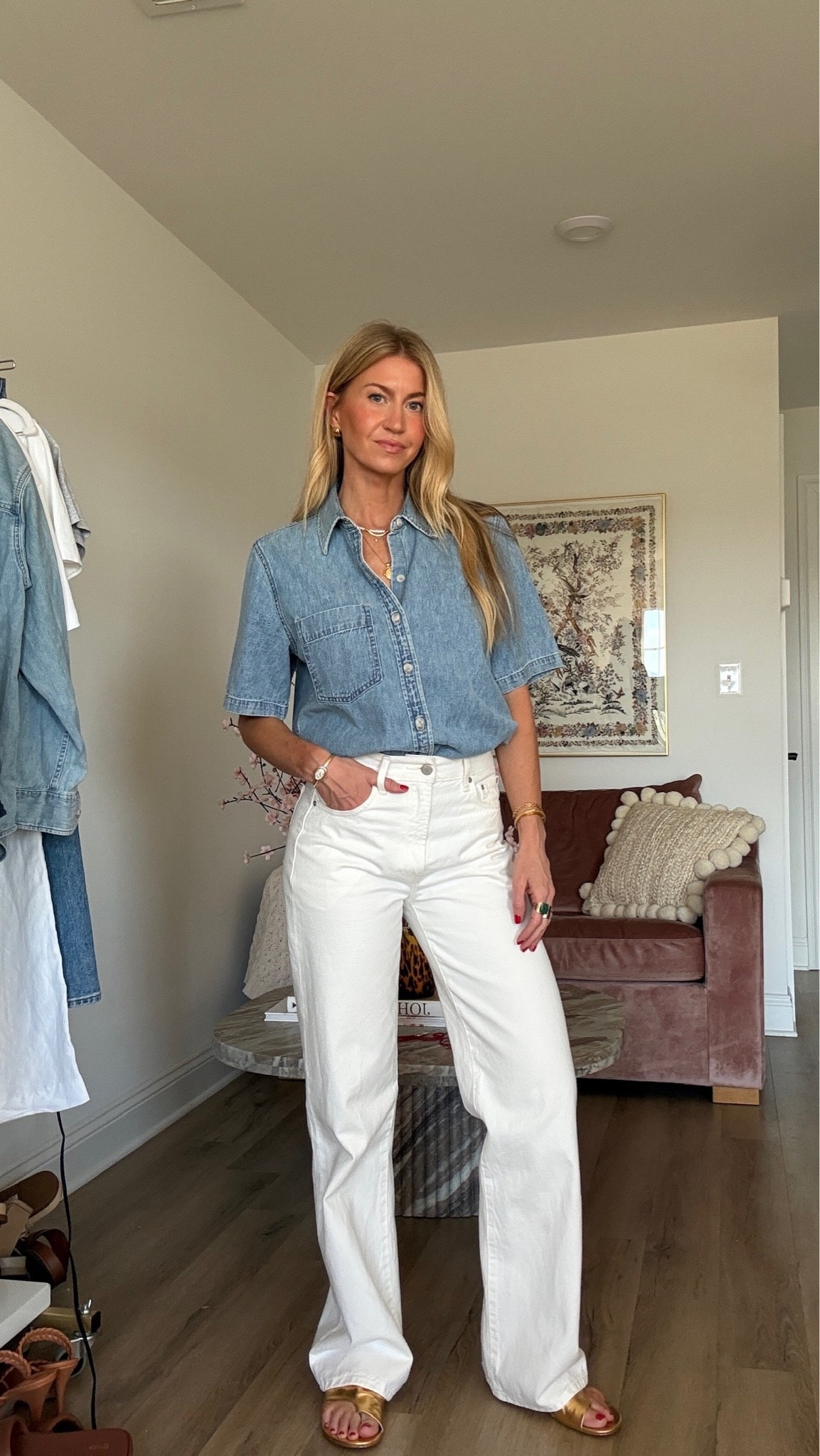Denim top + white denim currently on sale! 
Top: runs oversized, wearing size small
Denim: runs TTS, wearing size 25

#LTKootd #LTKSeasonal #LTKSaleAlert