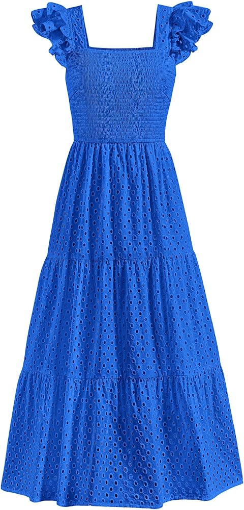 PRETTYGARDEN Womens Summer Square Neck Maxi Dresses Cap Sleeve Eyelet Smocked Tiered A Line Flowy... | Amazon (US)