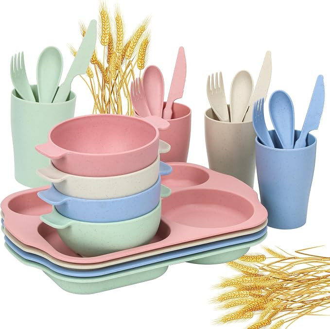24 PCS Wheat Straw Dinnerware Set for Kids Toddler Plate Bowl Cup Sets Unbreakable BPA-Free Table... | Amazon (US)