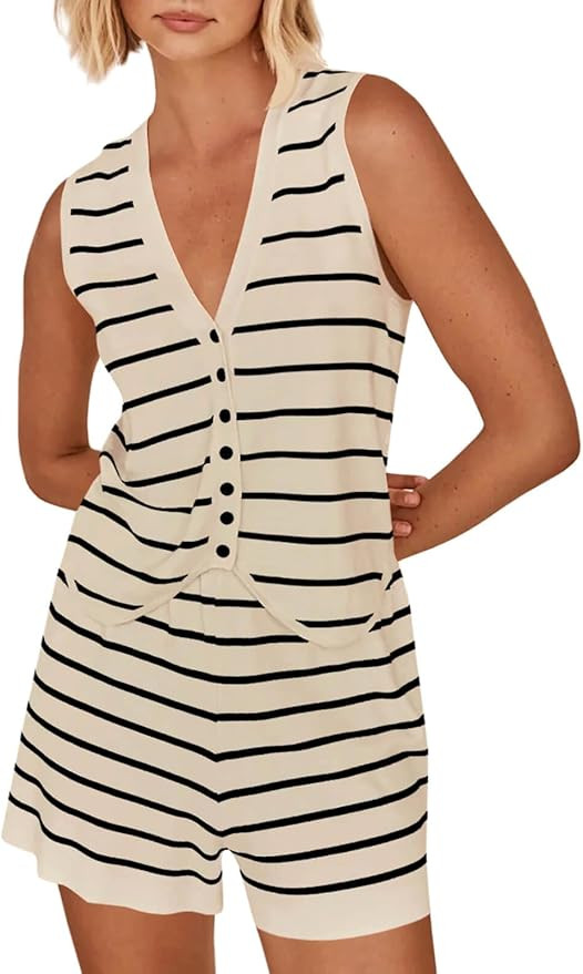Imily Bela Womens 2 Piece Outfits Summer Striped Casual Lounge Sets Knit Sleeveless V Neck Tops S... | Amazon (US)