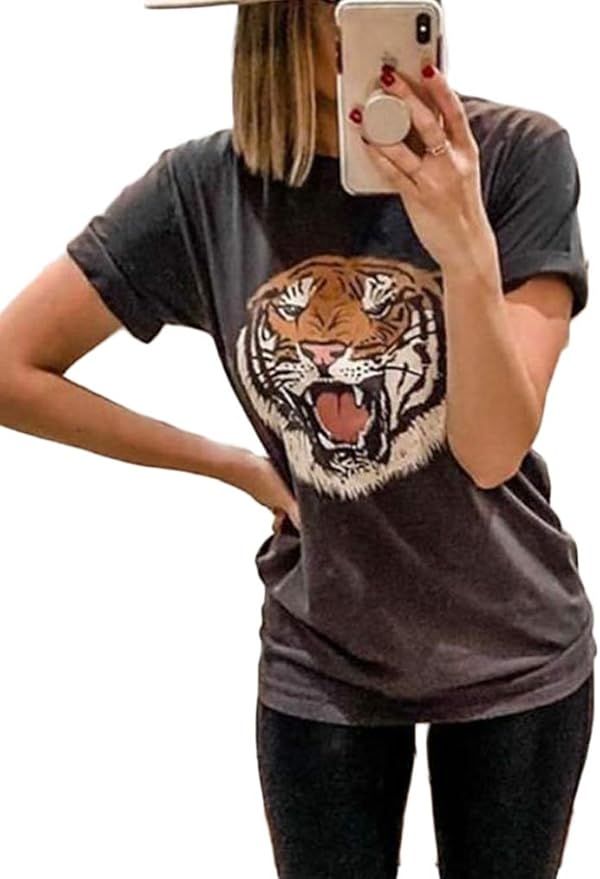 Tiger Printed Short Sleeve Tshirts,Womens Summer Crewneck Graphic Tee Shirt Blouse Tops | Amazon (US)